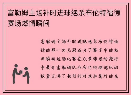 富勒姆主场补时进球绝杀布伦特福德赛场燃情瞬间 富勒姆主场补时进球绝杀布伦特福德赛场燃情瞬间