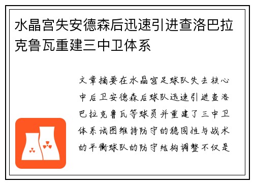 水晶宫失安德森后迅速引进查洛巴拉克鲁瓦重建三中卫体系