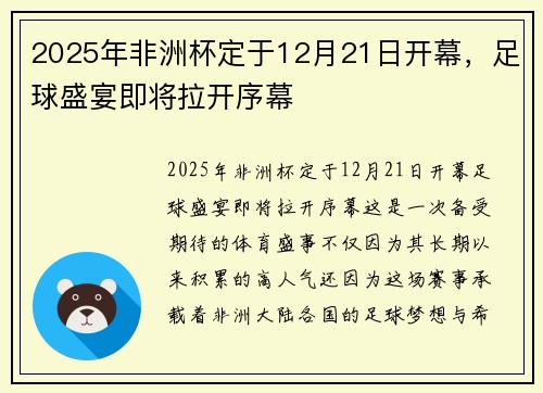 2025年非洲杯定于12月21日开幕,足球盛宴即将拉开序幕 2025年非洲杯定于12月21日开幕,足球盛宴即将拉开序幕