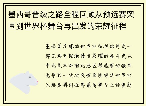 墨西哥晋级之路全程回顾从预选赛突围到世界杯舞台再出发的荣耀征程